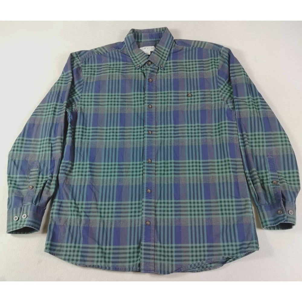 Orvis Heritage Shirt Mens Large Blue Green Plaid Long Sleeve Button Down Office